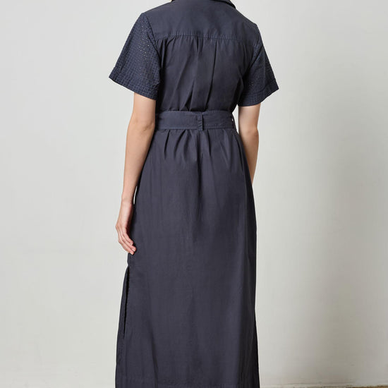 Eyelet Trim Maxi Shirt Dress Womens Dress Navy A3
