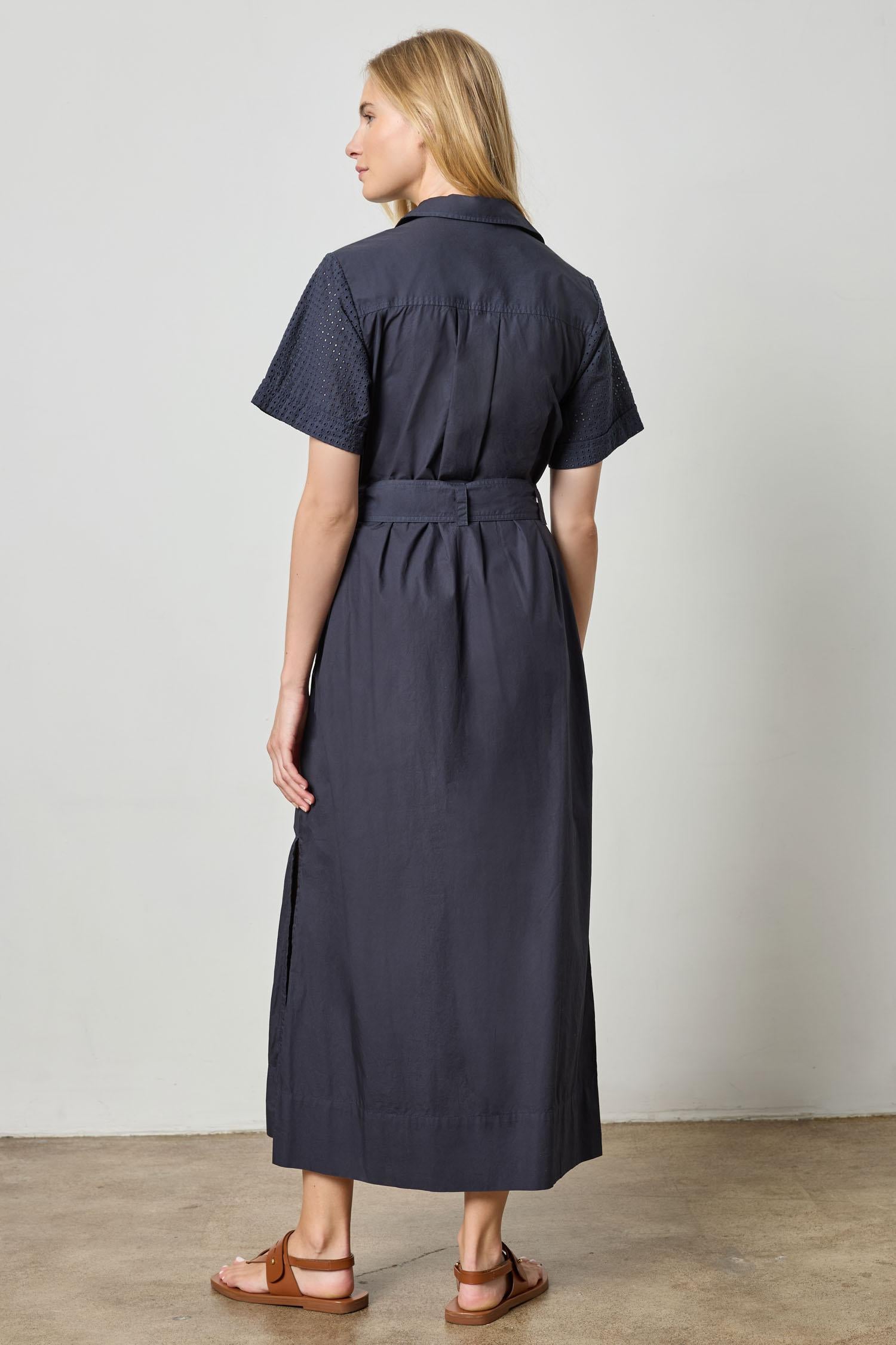 Eyelet Trim Maxi Shirt Dress Womens Dress Navy A3