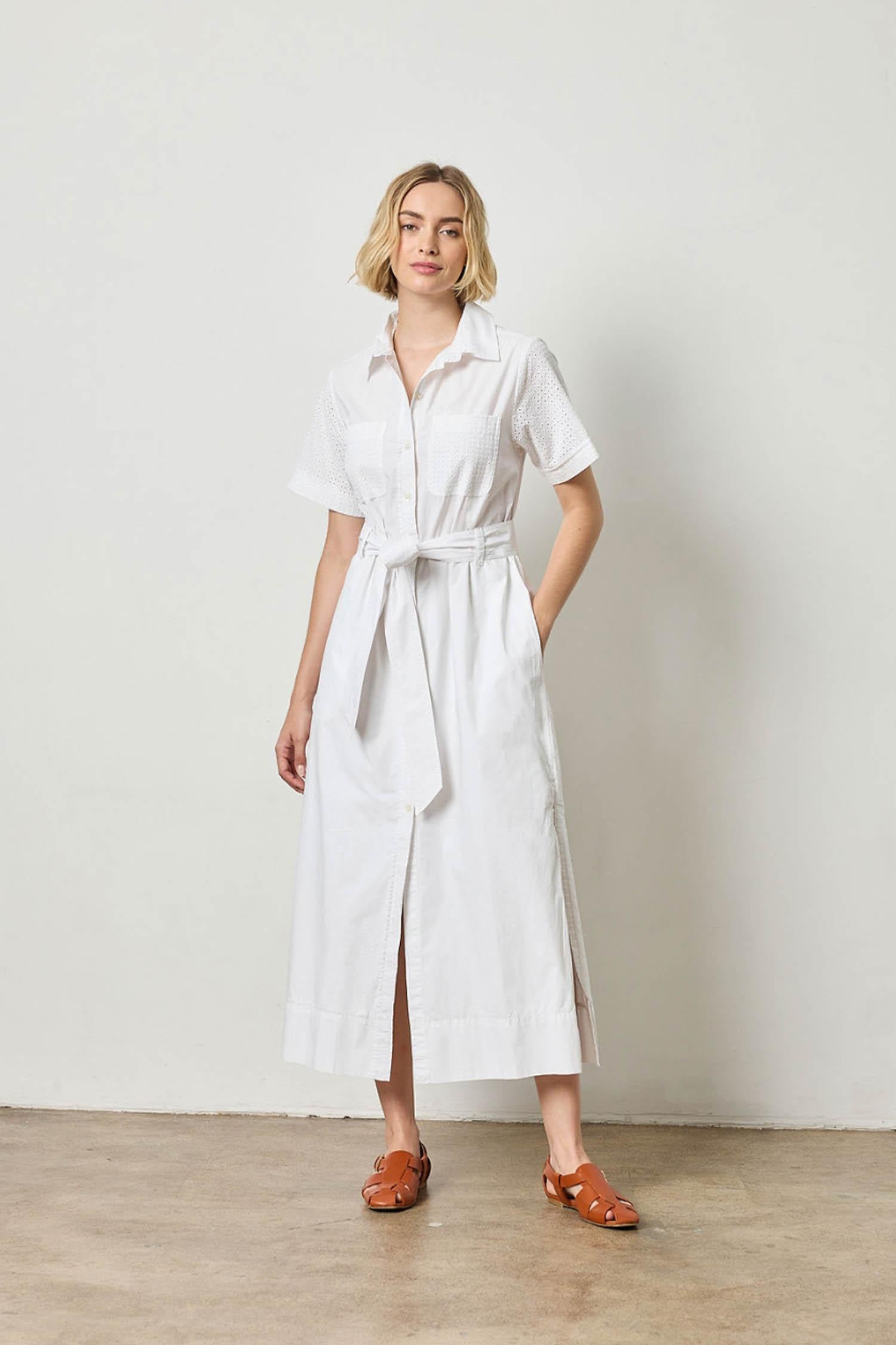 Eyelet Trim Maxi Shirt Dress Womens Dress White A1