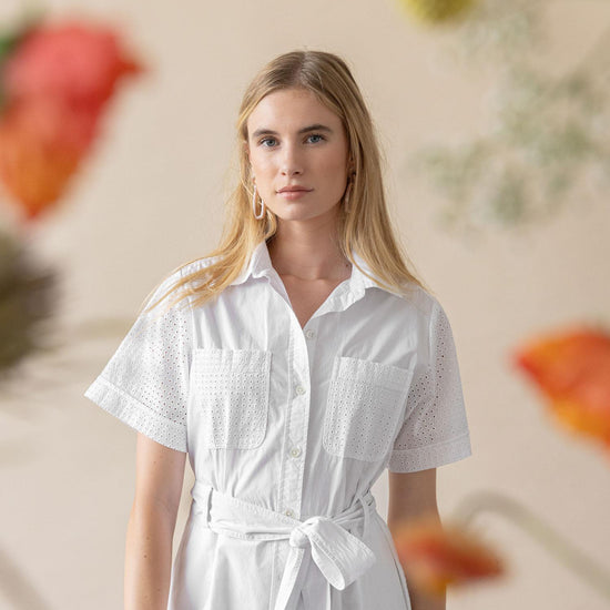 Eyelet Trim Maxi Shirt Dress Womens Dress White C1