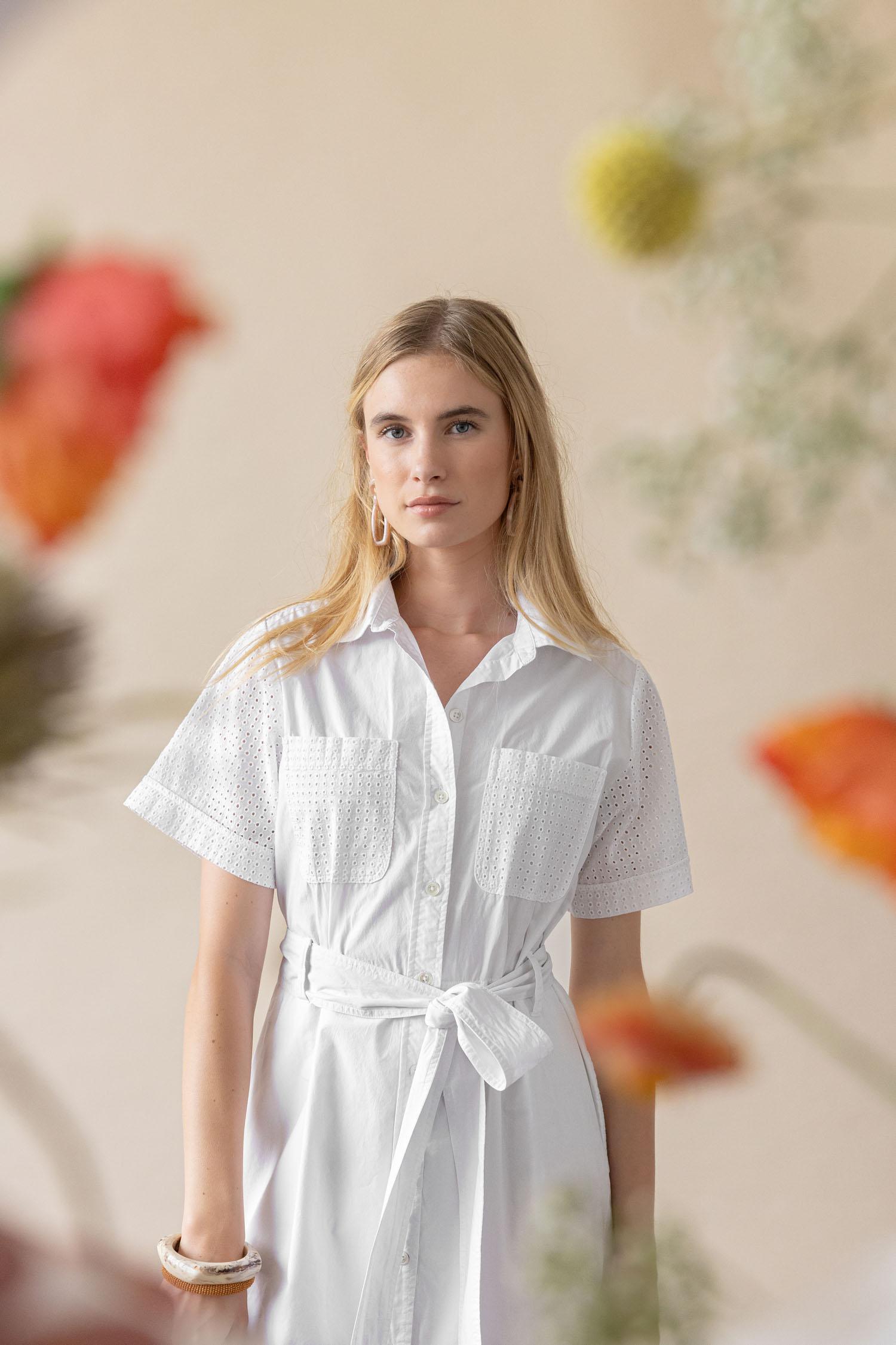 Eyelet Trim Maxi Shirt Dress Womens Dress White C1