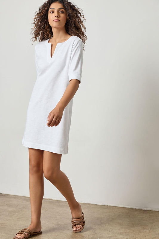 Elbow Sleeve Split Neck Dress in color White Image A1