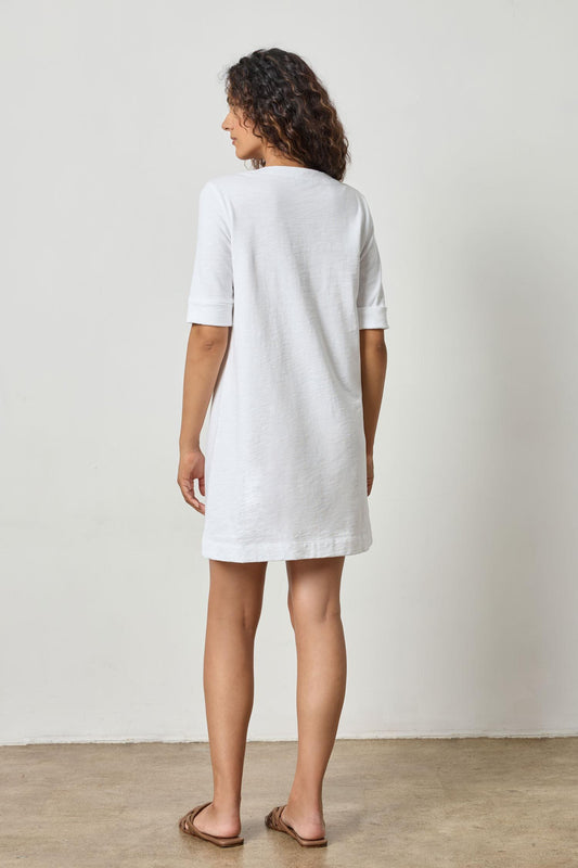 Elbow Sleeve Split Neck Dress in color White Image A2