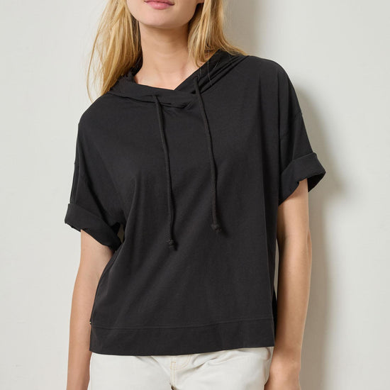Short Sleeve Hoodie Womens Top Black A1