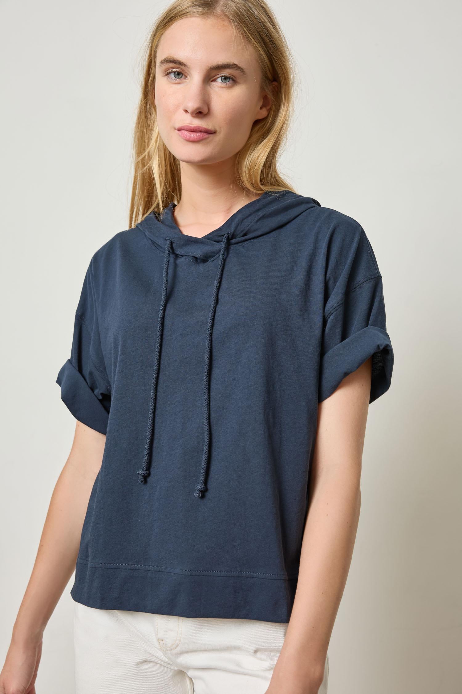 Short Sleeve Hoodie Womens Top Navy A1