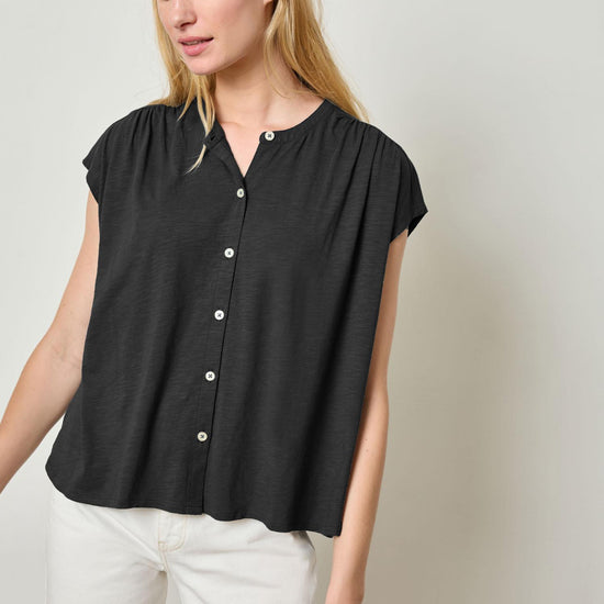 Relaxed Button Down Tee Womens Top Black A1