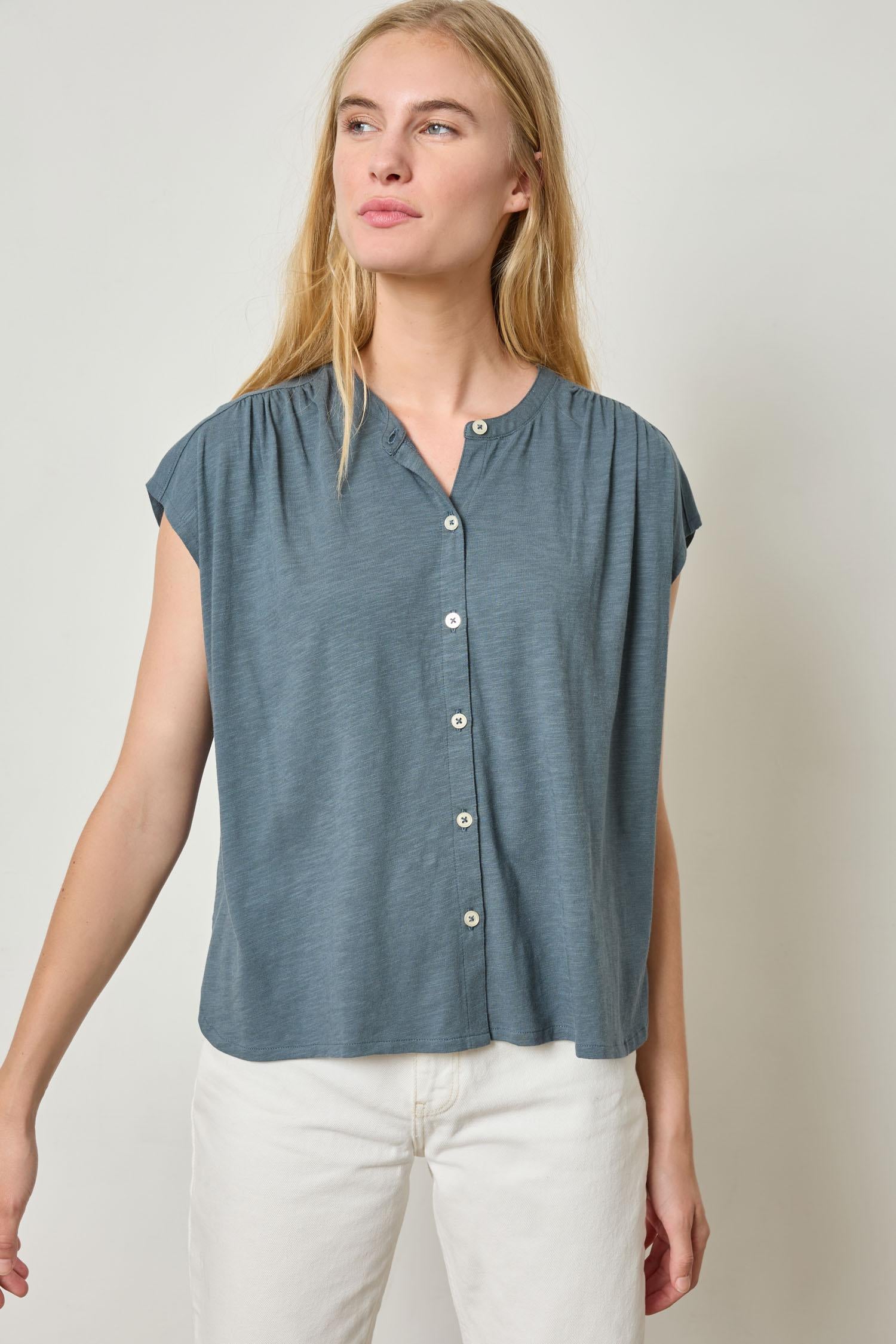 Relaxed Button Down Tee Womens Top Dusk A1
