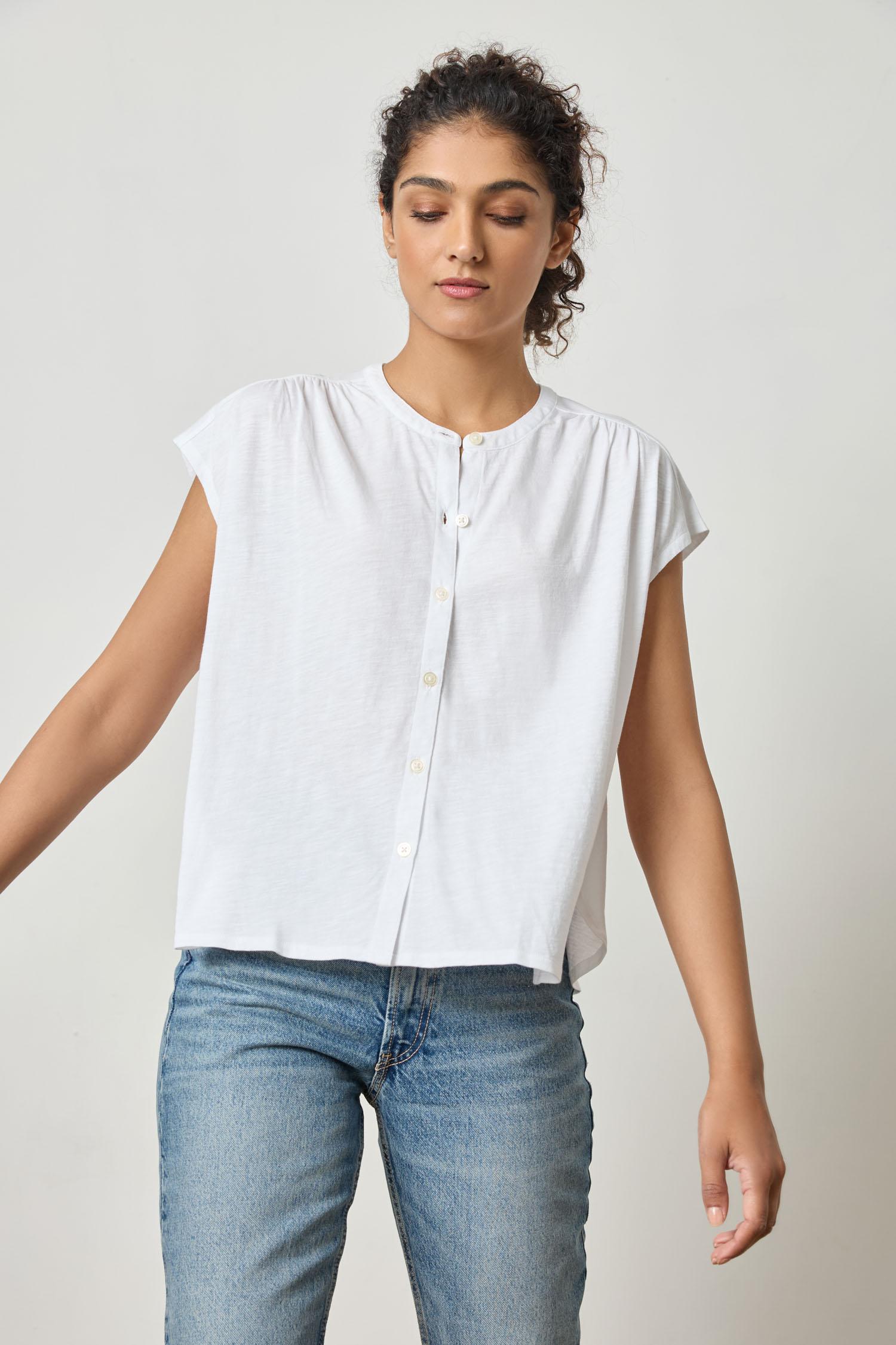 Relaxed Button Down Tee Womens Top White A1