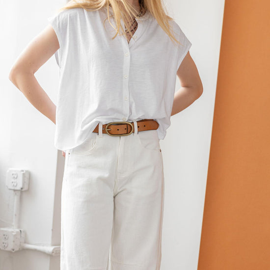 Relaxed Button Down Tee Womens Top White C1