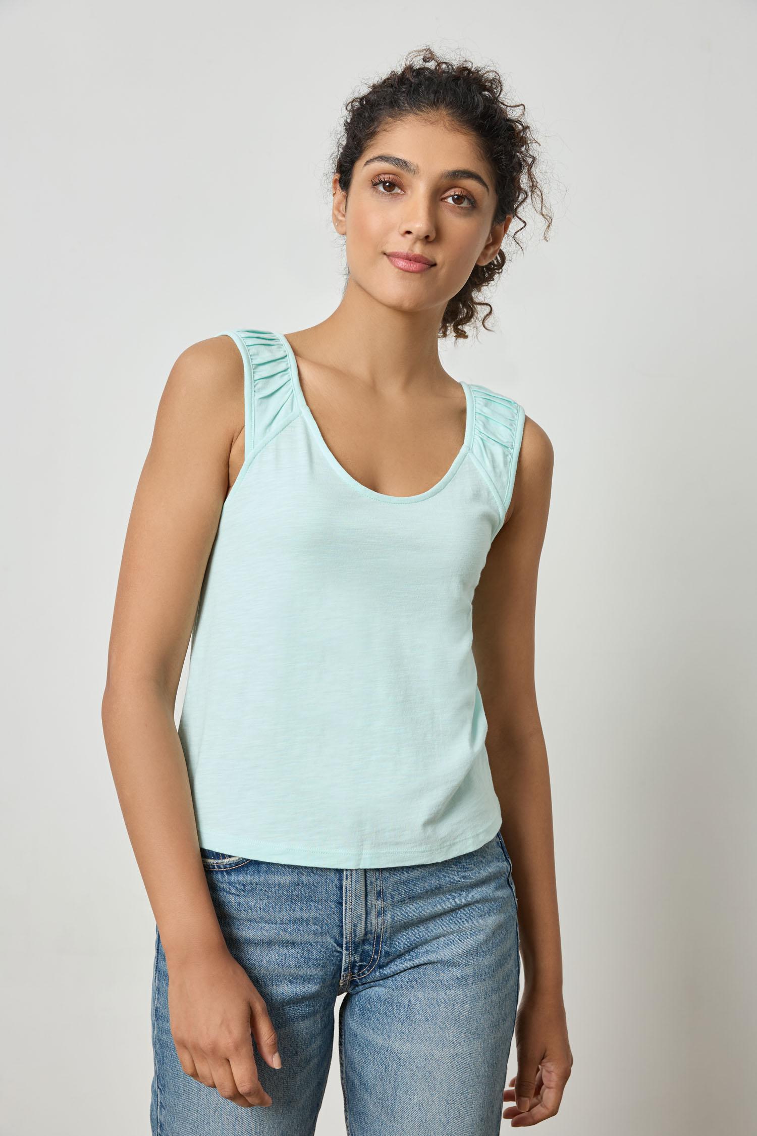 Shirred Strap Tank Womens Top Aquamarine A1