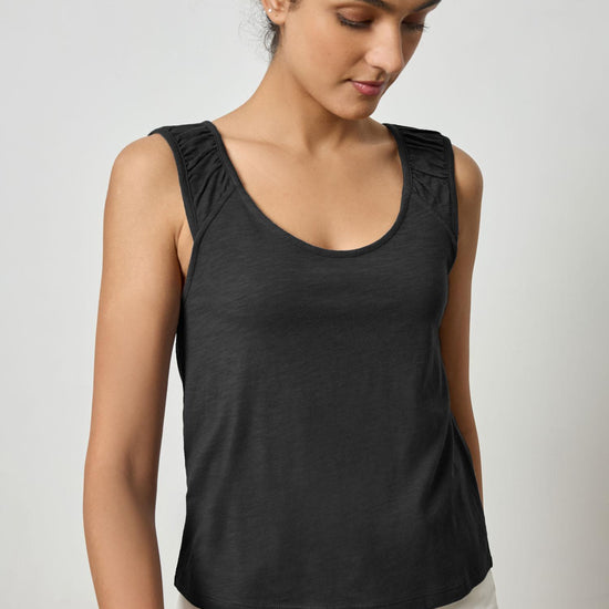 Shirred Strap Tank Womens Top Black A1
