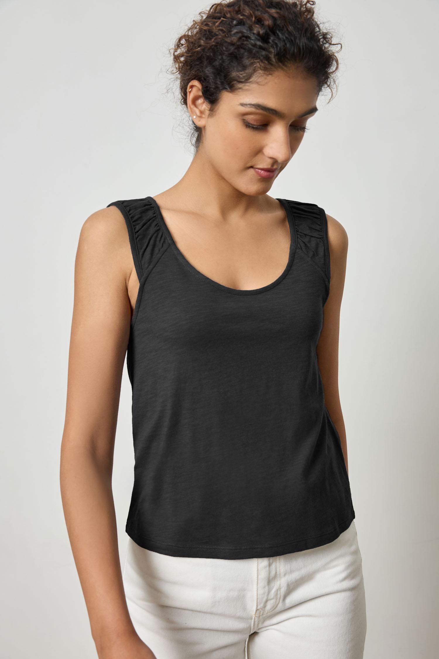 Shirred Strap Tank Womens Top Black A1