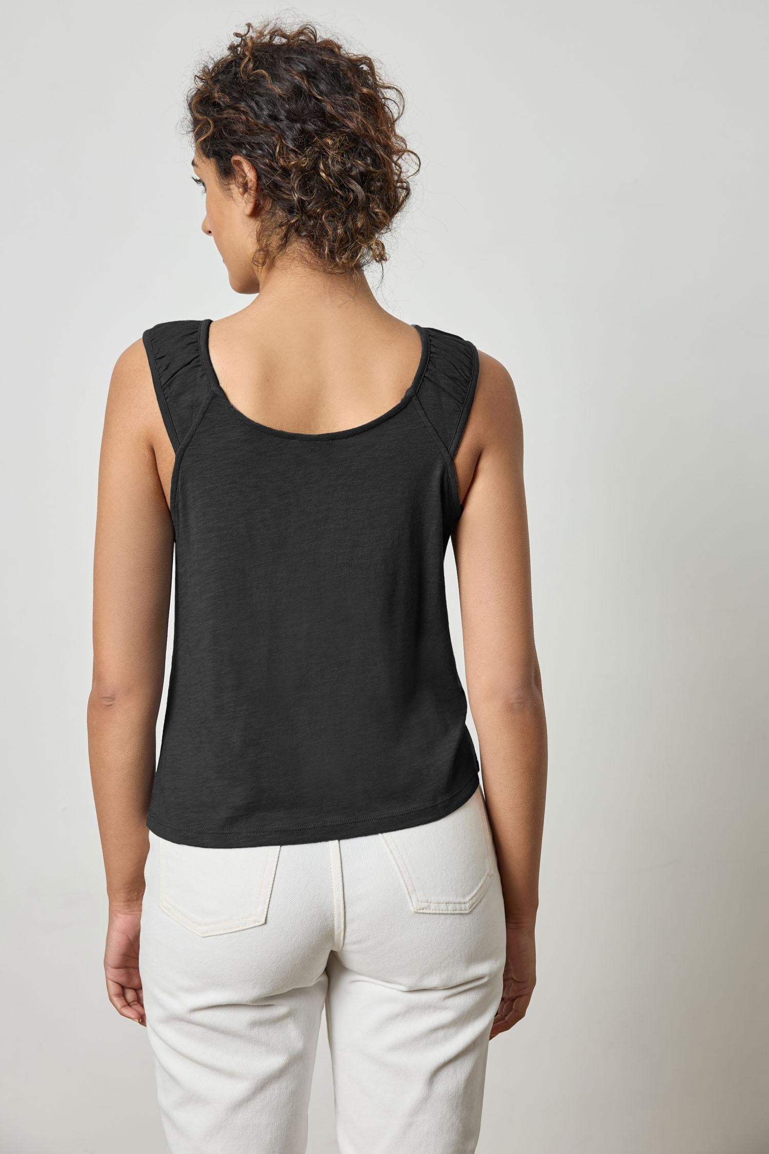 Shirred Strap Tank Womens Top Black A2