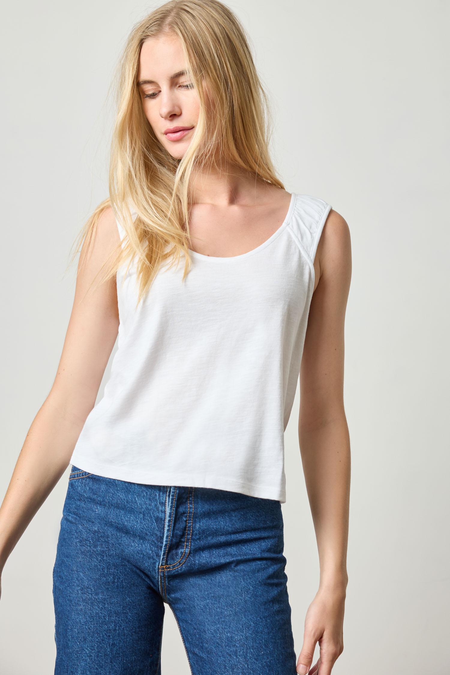 Shirred Strap Tank Womens Top White A1