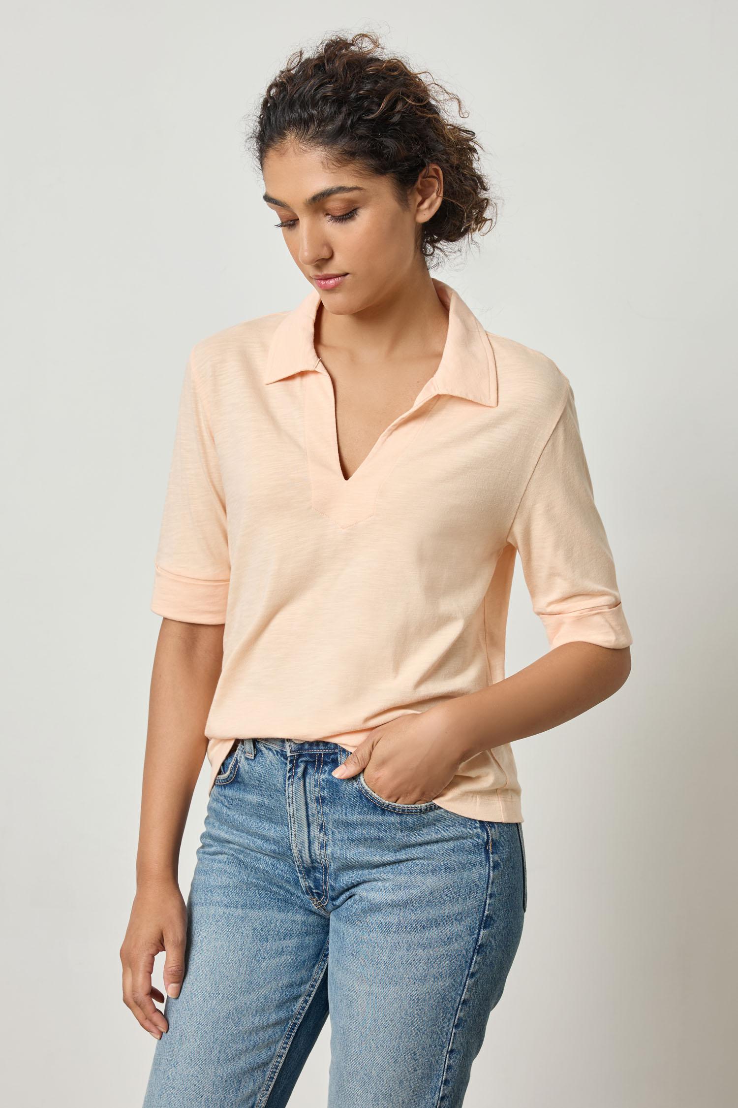 Elbow Sleeve Collared Tee Womens Top Cantaloupe A1