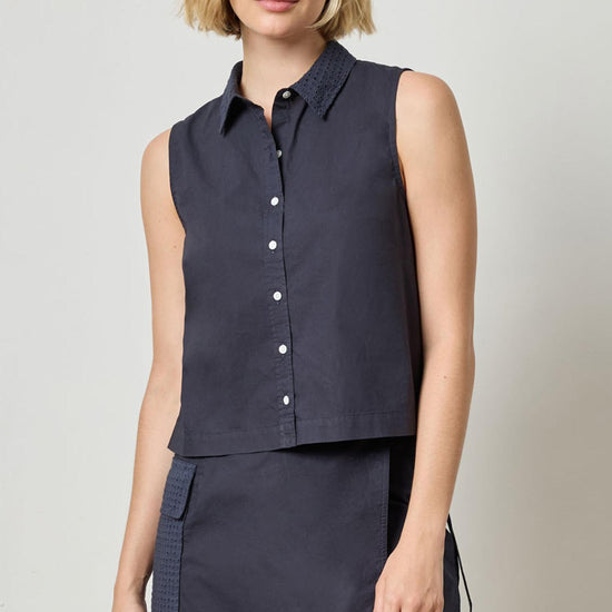 Eyelet Collar Sleeveless Shirt Womens Top Navy A1