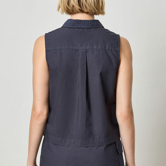 Eyelet Collar Sleeveless Shirt Womens Top Navy A2