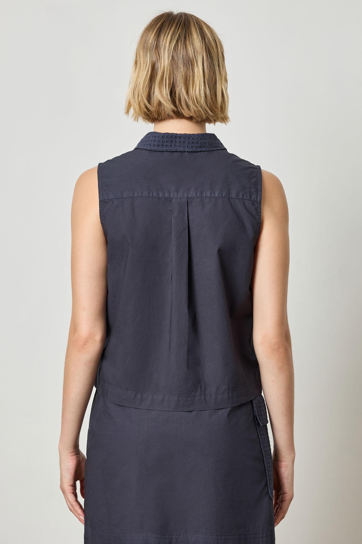 Eyelet Collar Sleeveless Shirt Womens Top Navy A2
