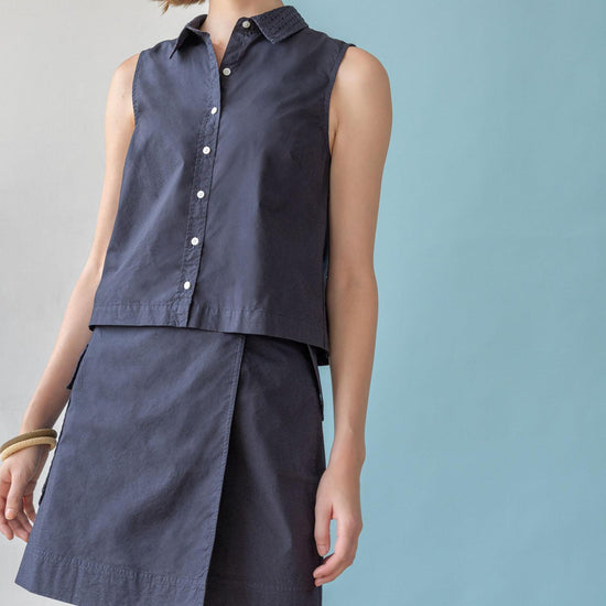 Eyelet Collar Sleeveless Shirt Womens Top Navy C1