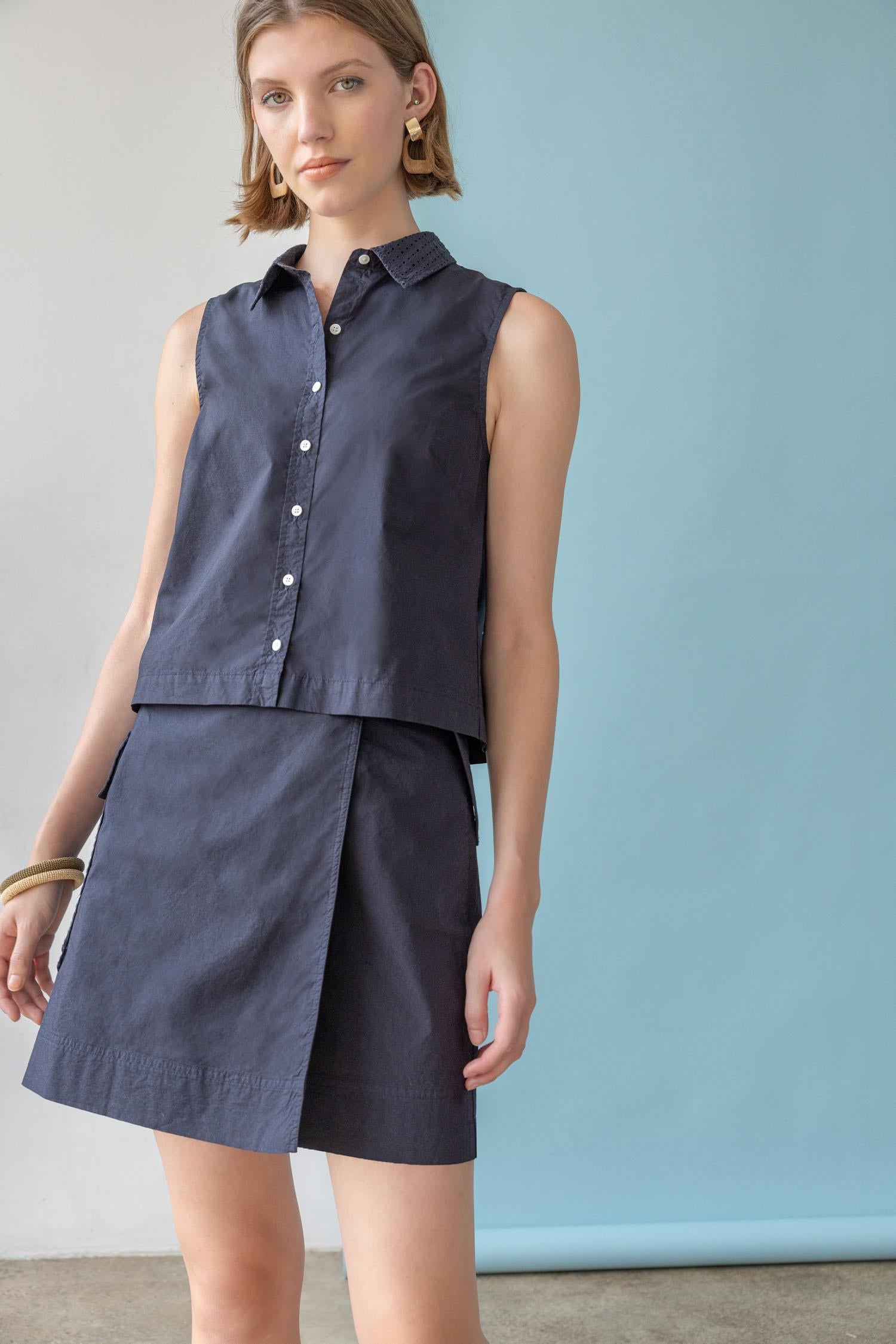 Eyelet Collar Sleeveless Shirt Womens Top Navy C1