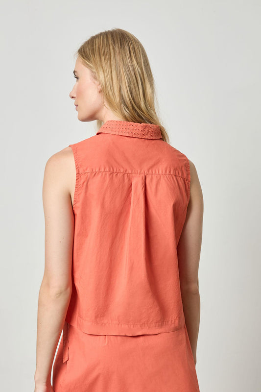 Eyelet Collar Sleeveless Shirt Womens Top Terracotta A2