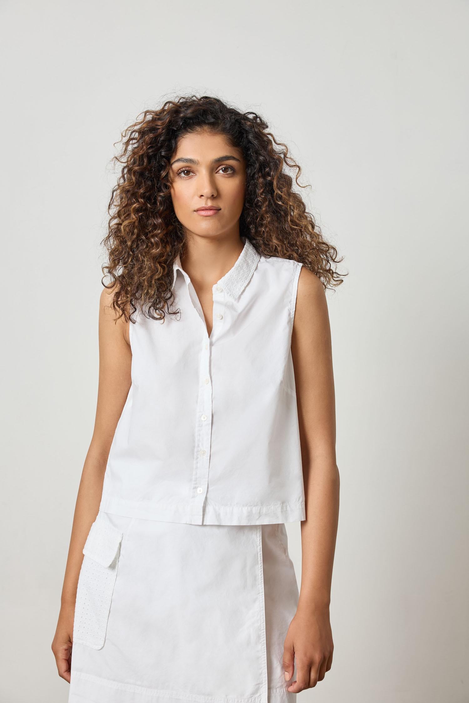 Eyelet Collar Sleeveless Shirt Womens Top White A1