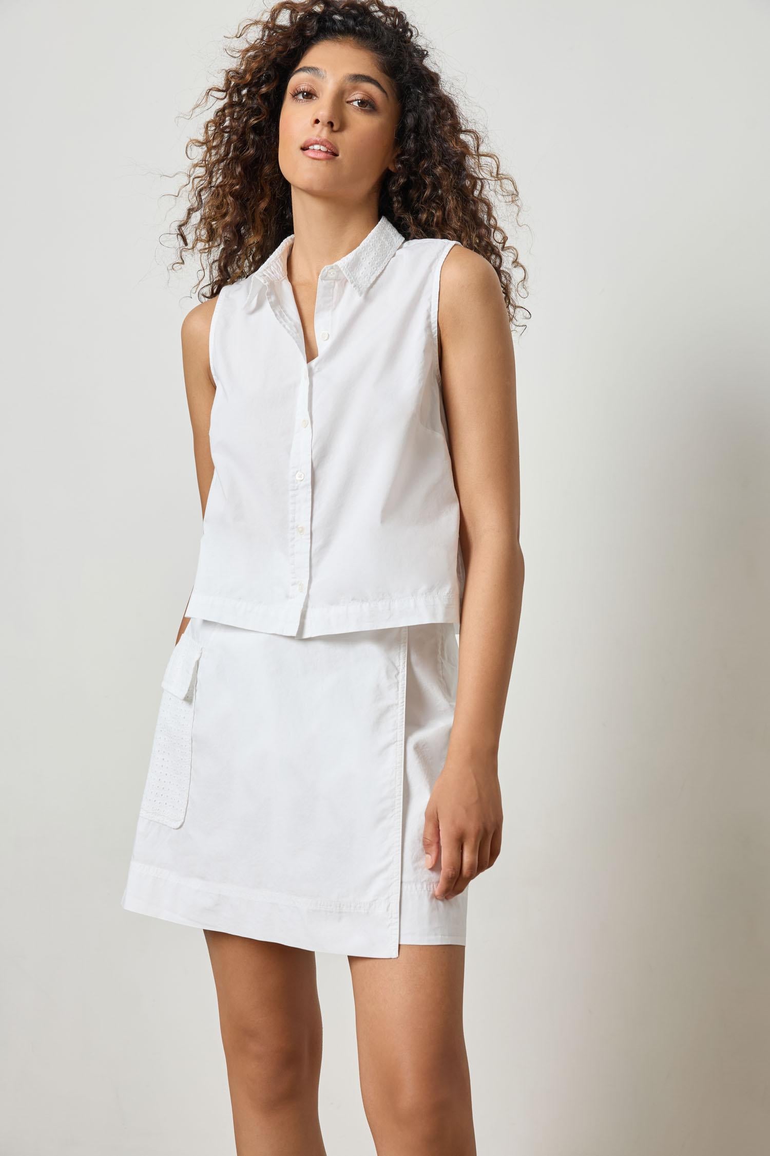 Eyelet Collar Sleeveless Shirt Womens Top White A2