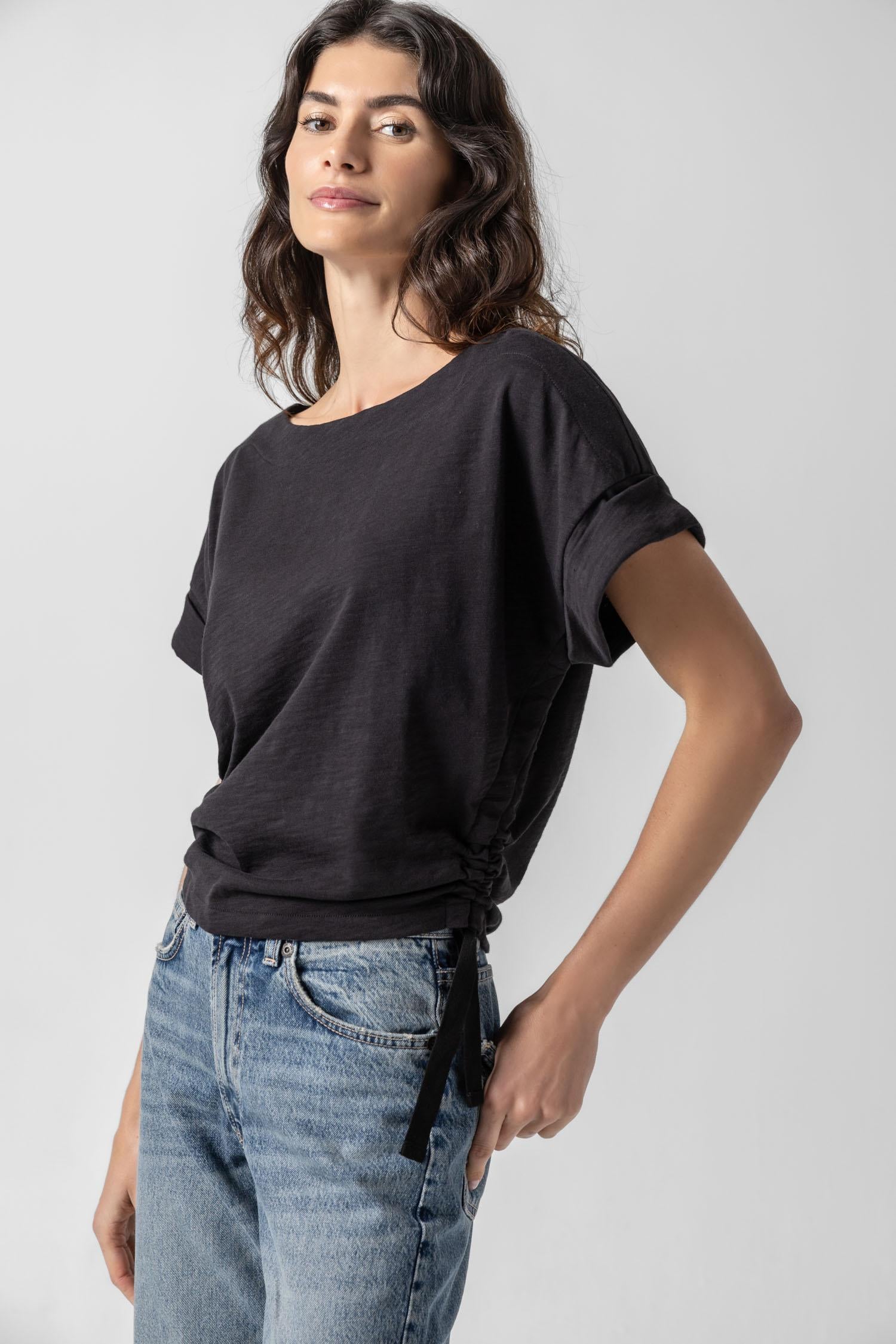 Ruched Side Boatneck Womens Top Black A1
