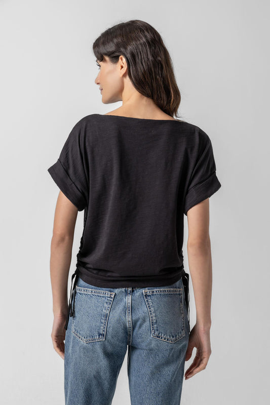 Ruched Side Boatneck Womens Top Black A2