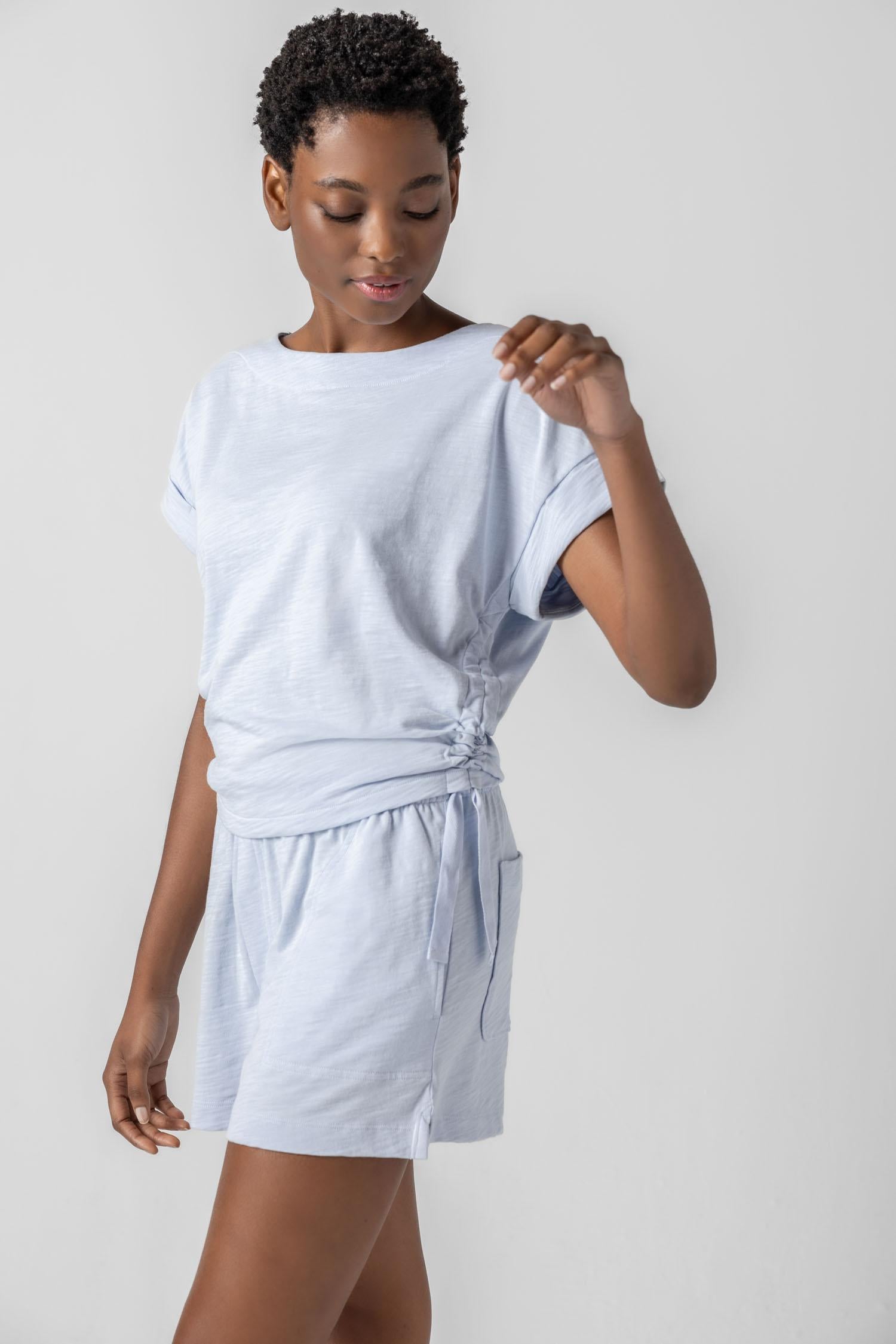 Ruched Side Boatneck Womens Top Sky A1