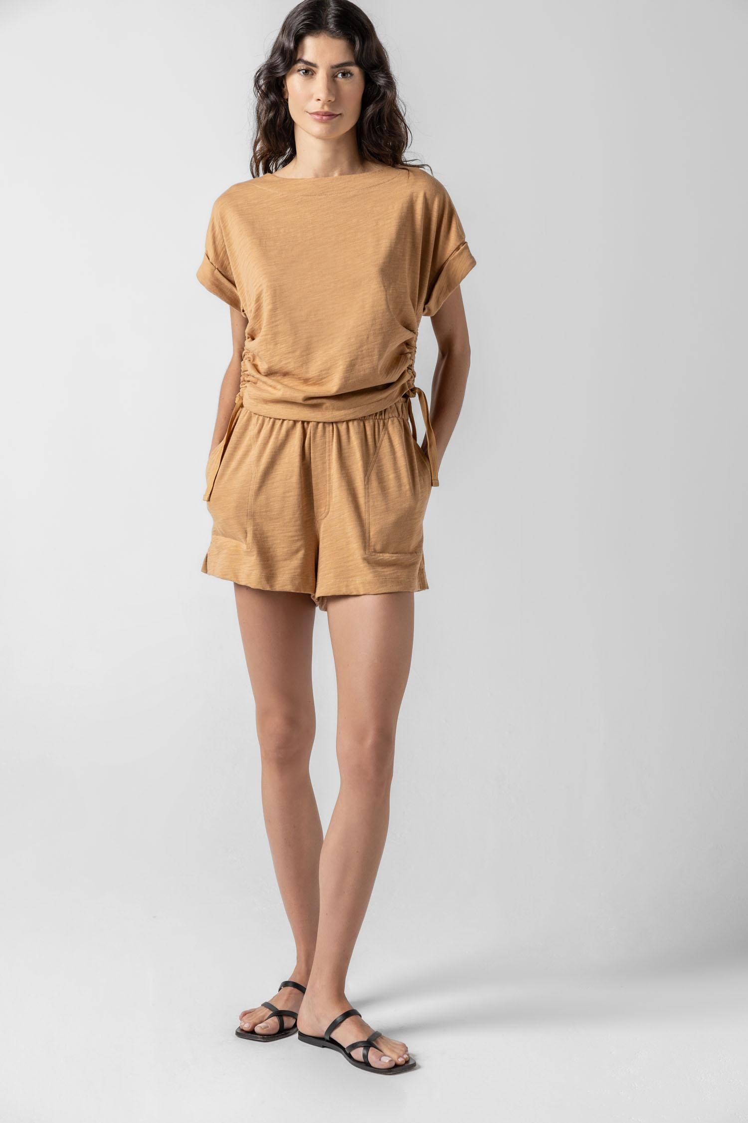 Ruched Side Boatneck Womens Top Teak A3