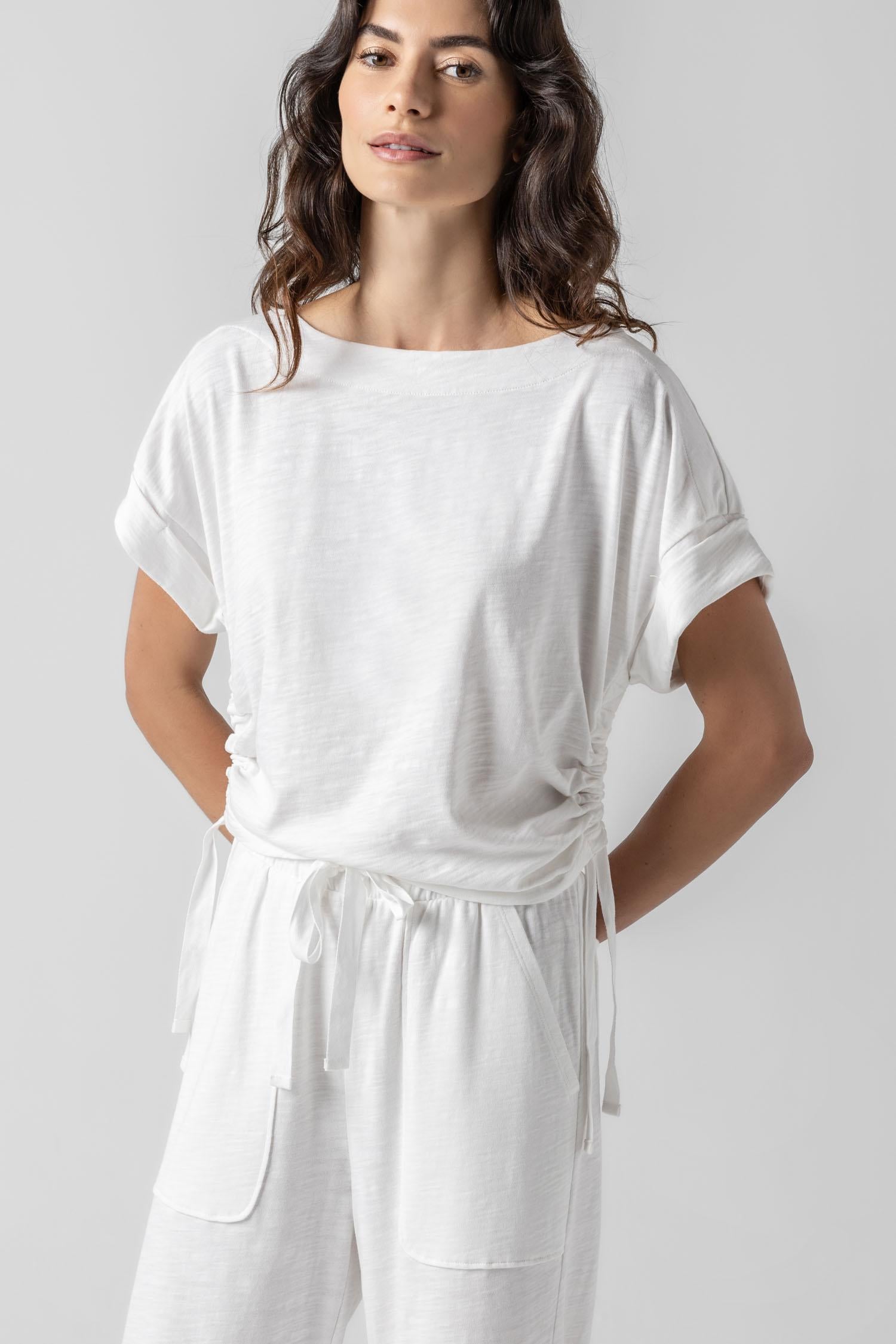 Ruched Side Boatneck Womens Top White A1
