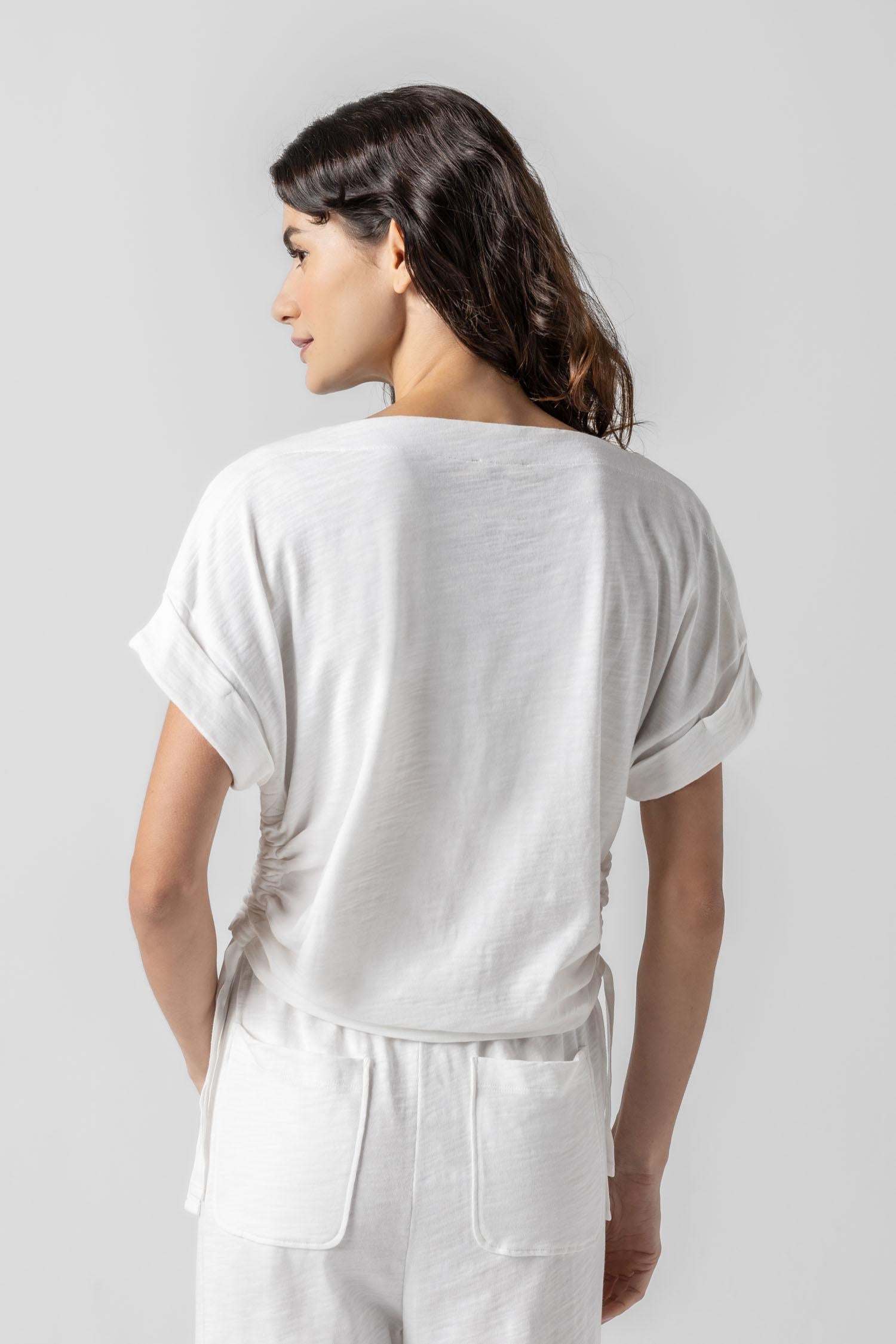 Ruched Side Boatneck Womens Top White A2