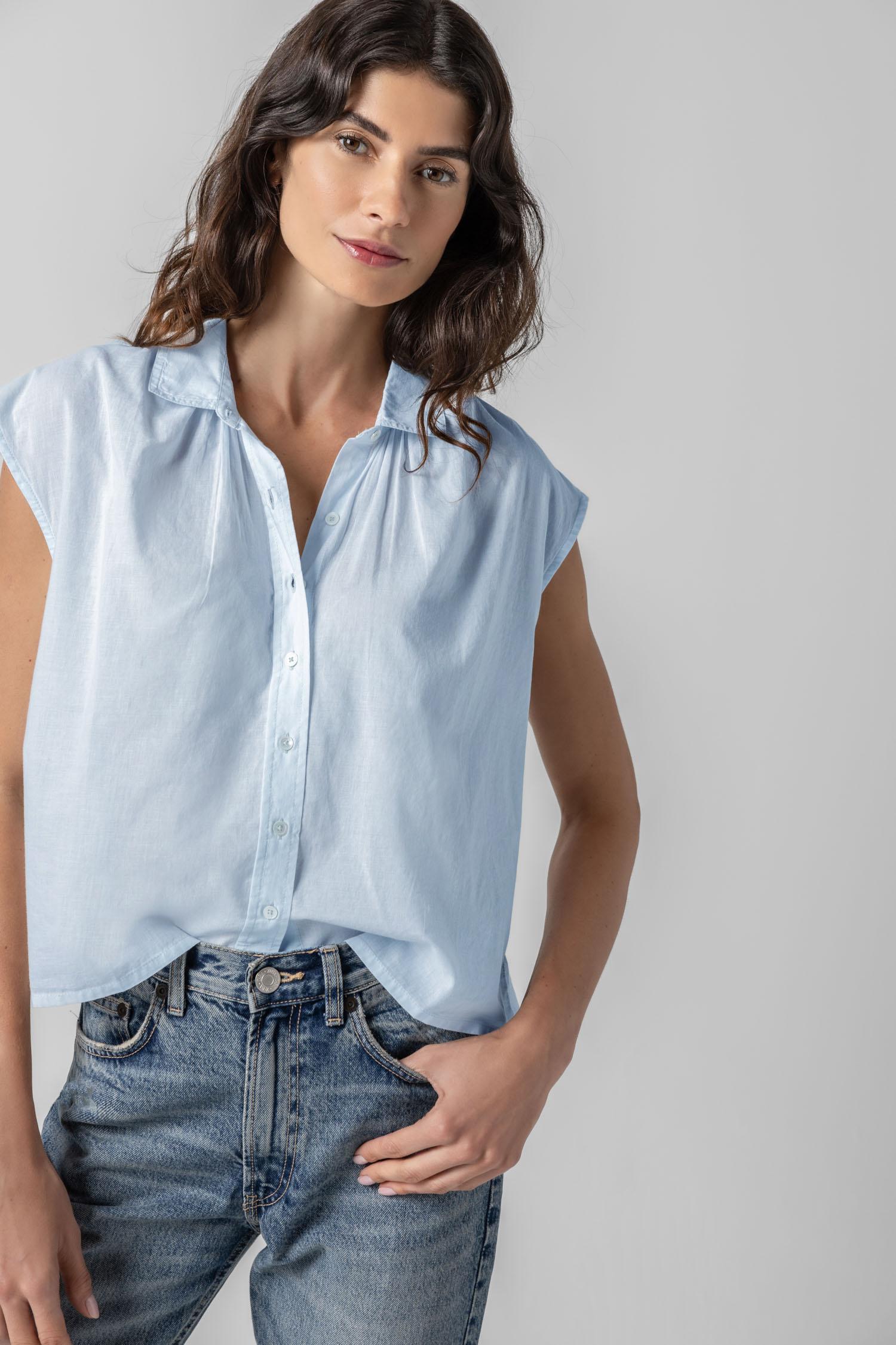 Short Sleeve Button Down Womens Top Bluewash A1