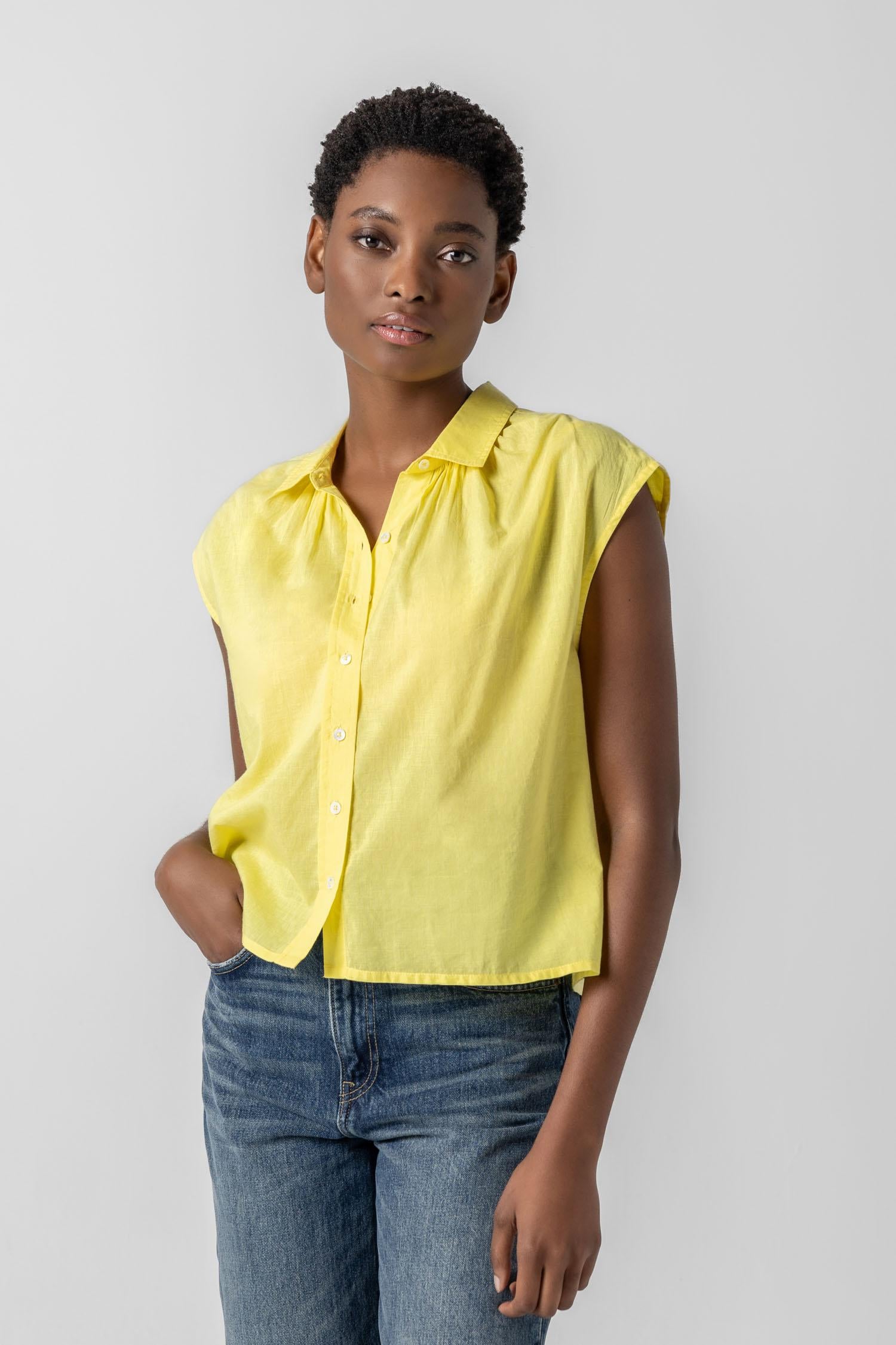 Short Sleeve Button Down Womens Top Lemon A1