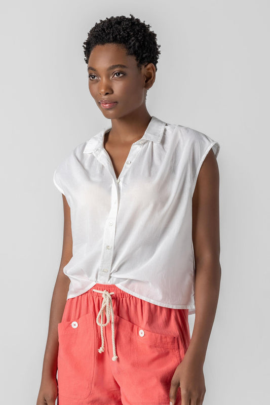 Short Sleeve Button Down Womens Top White A1