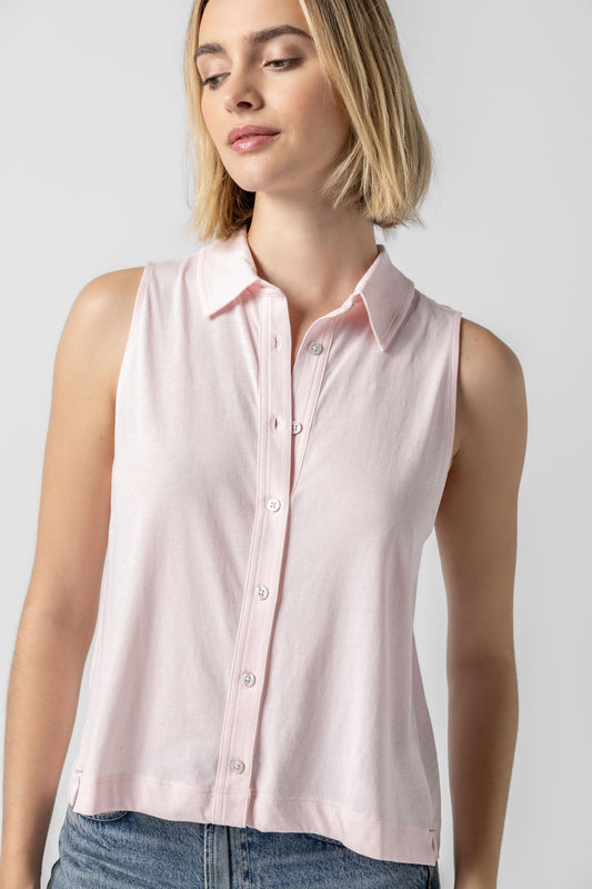 <p>The classic button-down meets the ease of a tee! The Sleeveless Button Down in our Soft Wash Jersey fabric is a versatile staple, perfect for pairing with anything from capri pants to boyfriend jeans. Designed to skim the body, this style features darts for a flattering, shaped fit that feels both polished and effortless.</p> Womens Top Blush A1