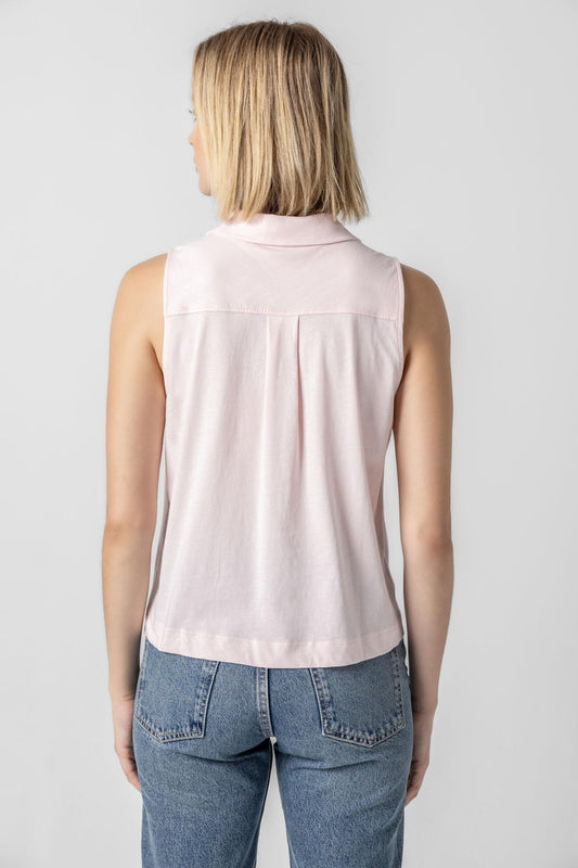 <p>The classic button-down meets the ease of a tee! The Sleeveless Button Down in our Soft Wash Jersey fabric is a versatile staple, perfect for pairing with anything from capri pants to boyfriend jeans. Designed to skim the body, this style features darts for a flattering, shaped fit that feels both polished and effortless.</p> Womens Top Blush A2