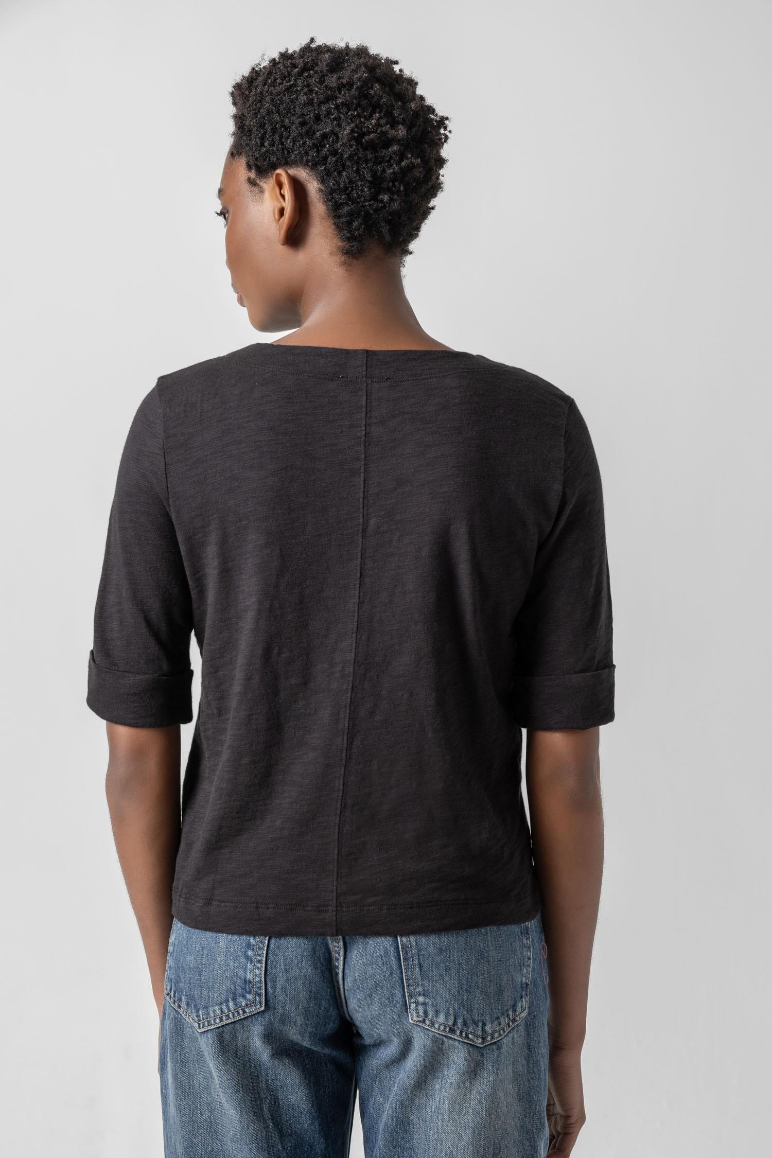Cuffed Sleeve Split Neck Womens Top Black A2