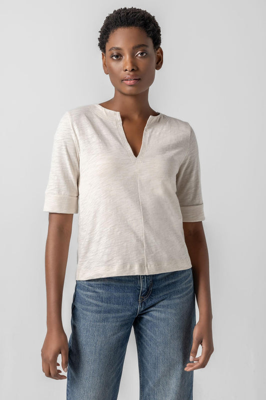 Cuffed Sleeve Split Neck Womens Top Canvas A1