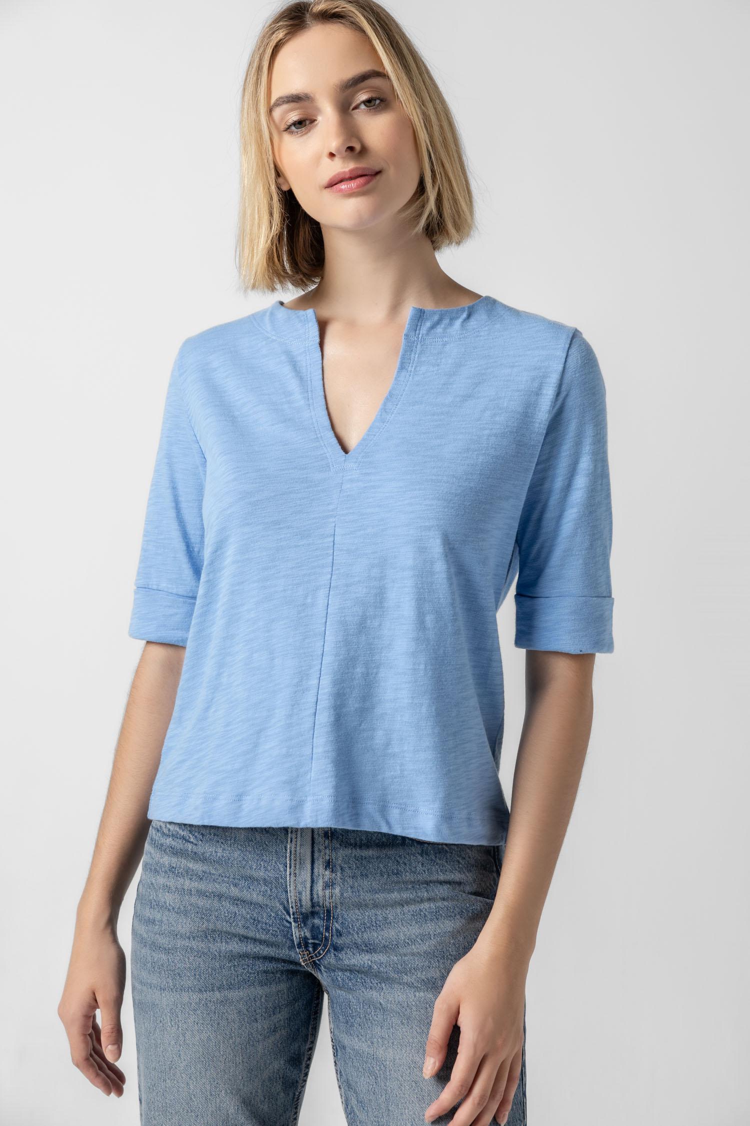 Cuffed Sleeve Split Neck Womens Top Malibu A1