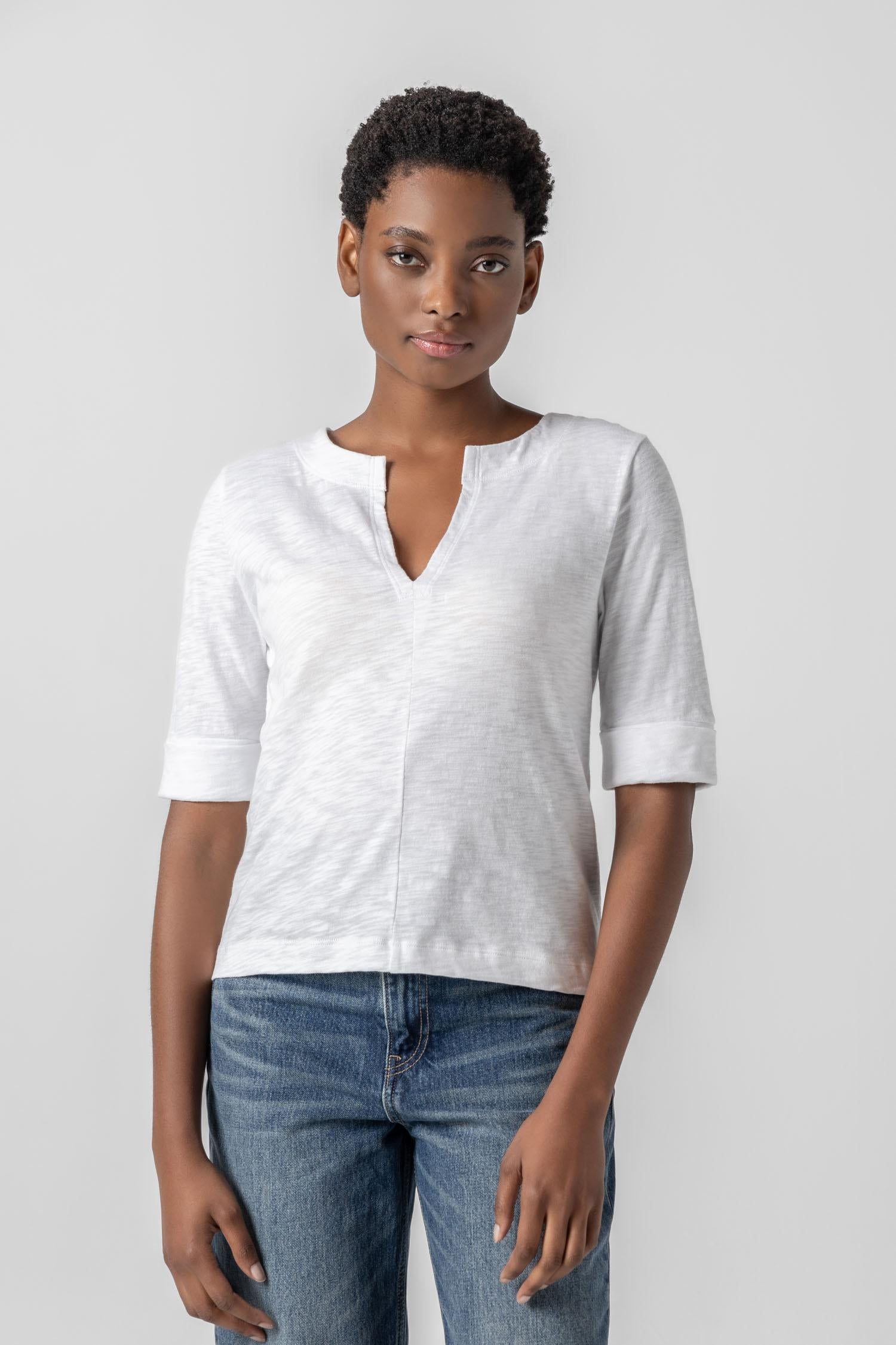 Cuffed Sleeve Split Neck Womens Top White A1
