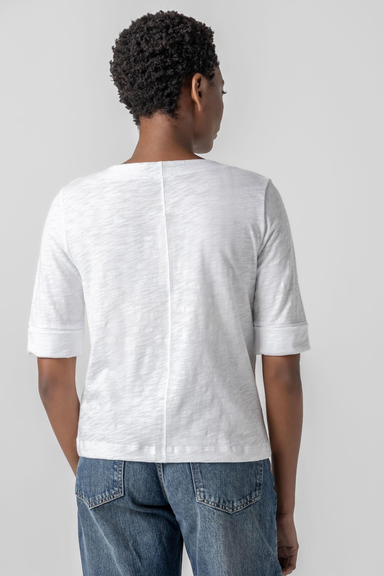 Cuffed Sleeve Split Neck Womens Top White A2