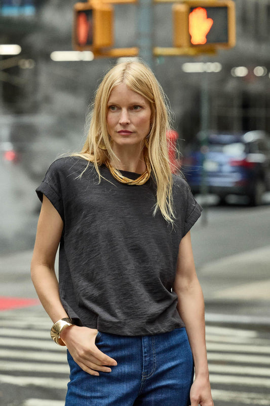 <p>Our Sleeveless Boxy Crewneck in our 100% cotton Loose Knit Slub fabric offers a modern shape with effortless simplicity. Designed with extended sleeves and tacked cuffs, this tee has side slits at the hem for subtle detail. The slightly shorter body length and boxy fit create an effortlessly chic silhouette, making it a versatile piece for your warm-weather wardrobe.</p> Womens Top Black C1