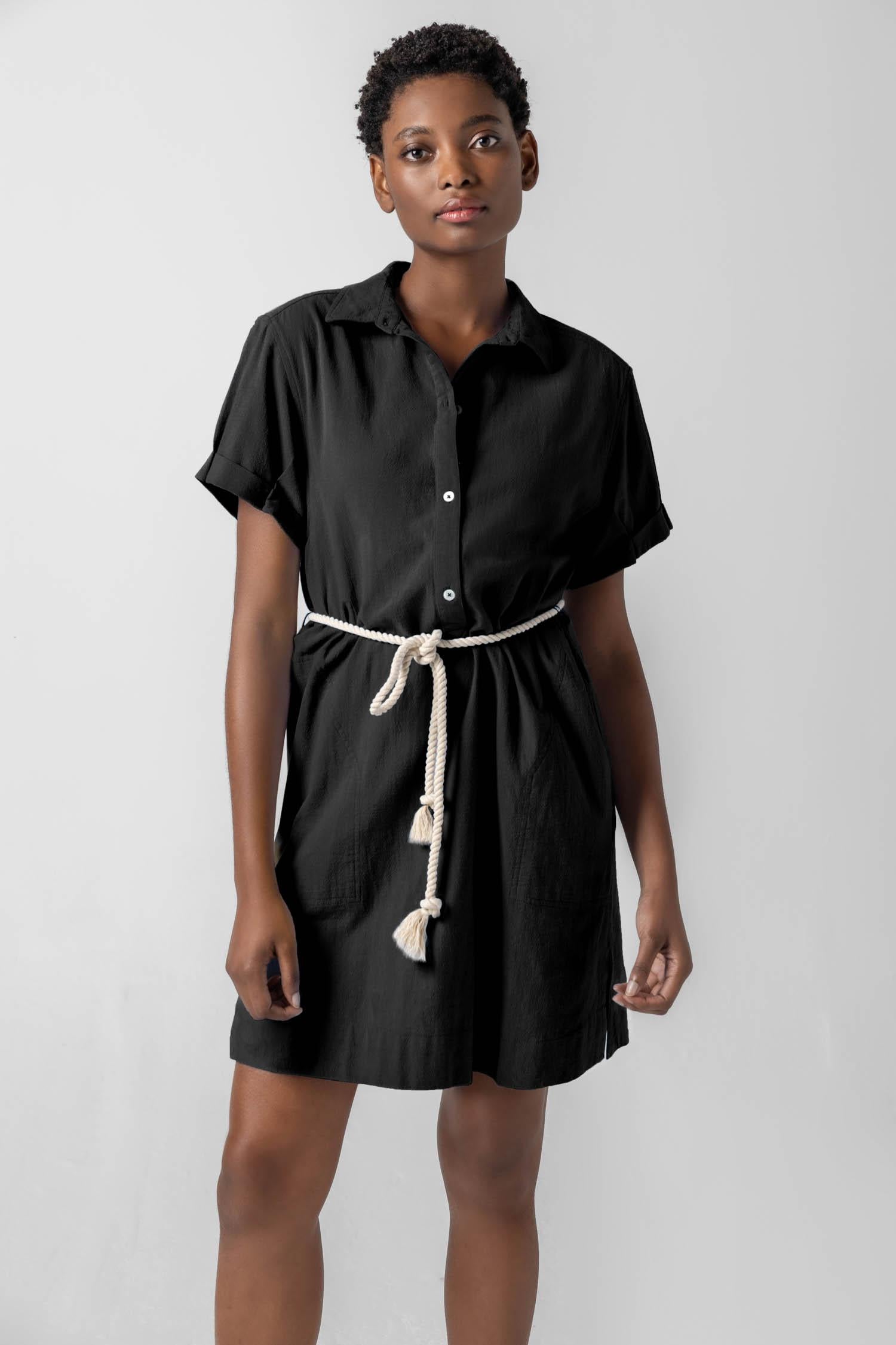 Half Placket Shirt Dress in color Black Image A1
