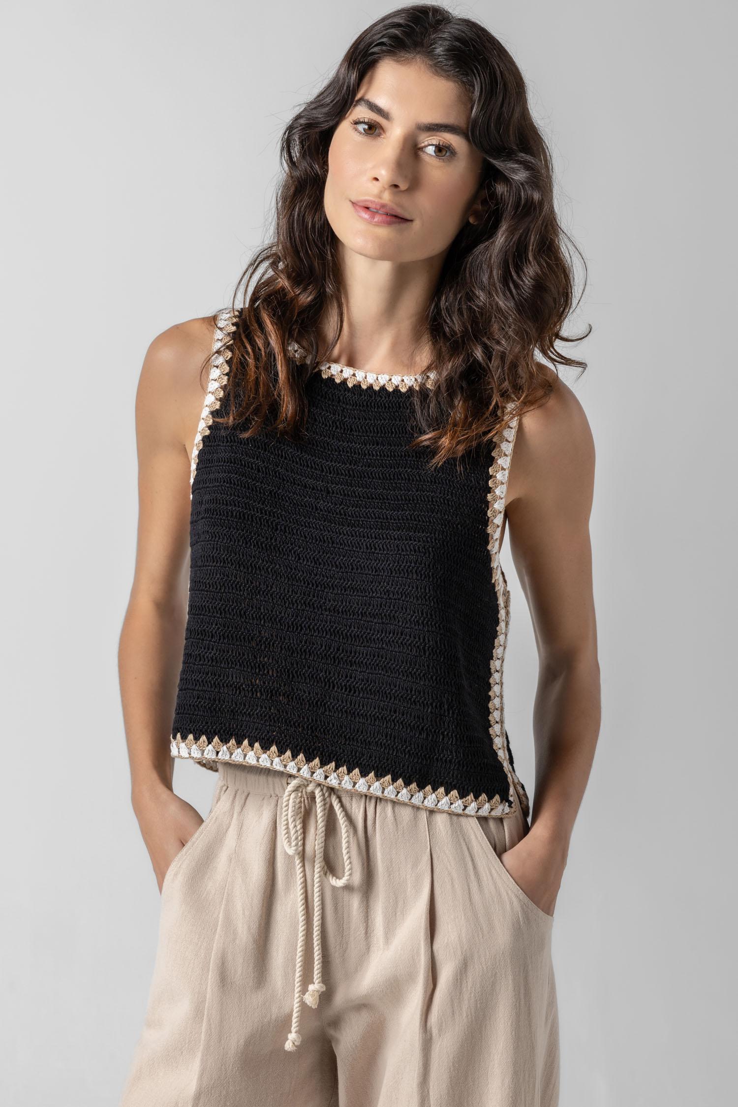 <p>Our multicolor Crochet Tank is a truly special piece, hand-crocheted by artisans in India. With its slightly shorter length, it pairs perfectly with our Air Textured Cotton bottoms, creating a balanced and effortless summer look. Thoughtfully crafted and full of detail, this tank adds a unique touch to your warm-weather wardrobe.</p> Womens Top Black A1