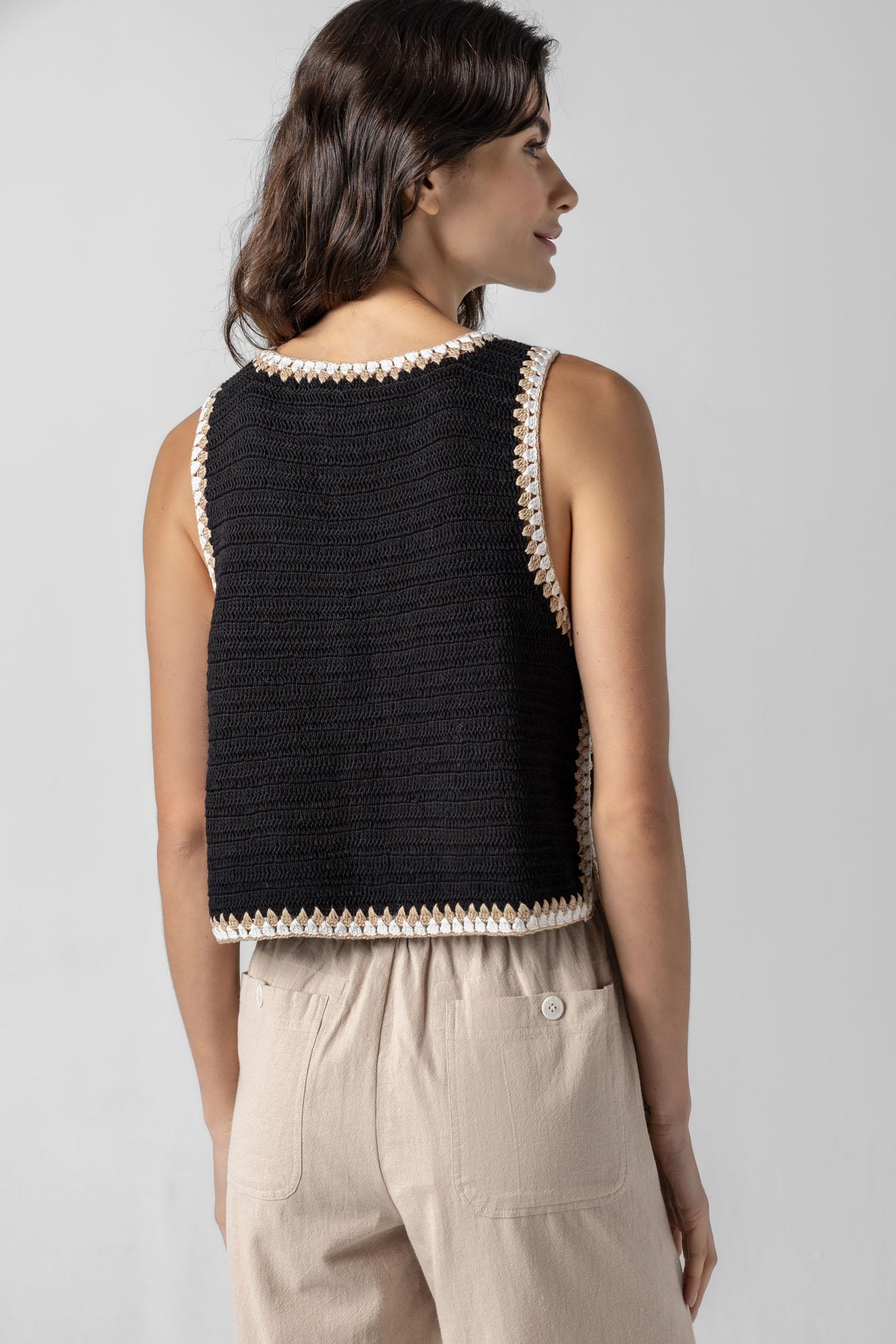 <p>Our multicolor Crochet Tank is a truly special piece, hand-crocheted by artisans in India. With its slightly shorter length, it pairs perfectly with our Air Textured Cotton bottoms, creating a balanced and effortless summer look. Thoughtfully crafted and full of detail, this tank adds a unique touch to your warm-weather wardrobe.</p> Womens Top Black A3