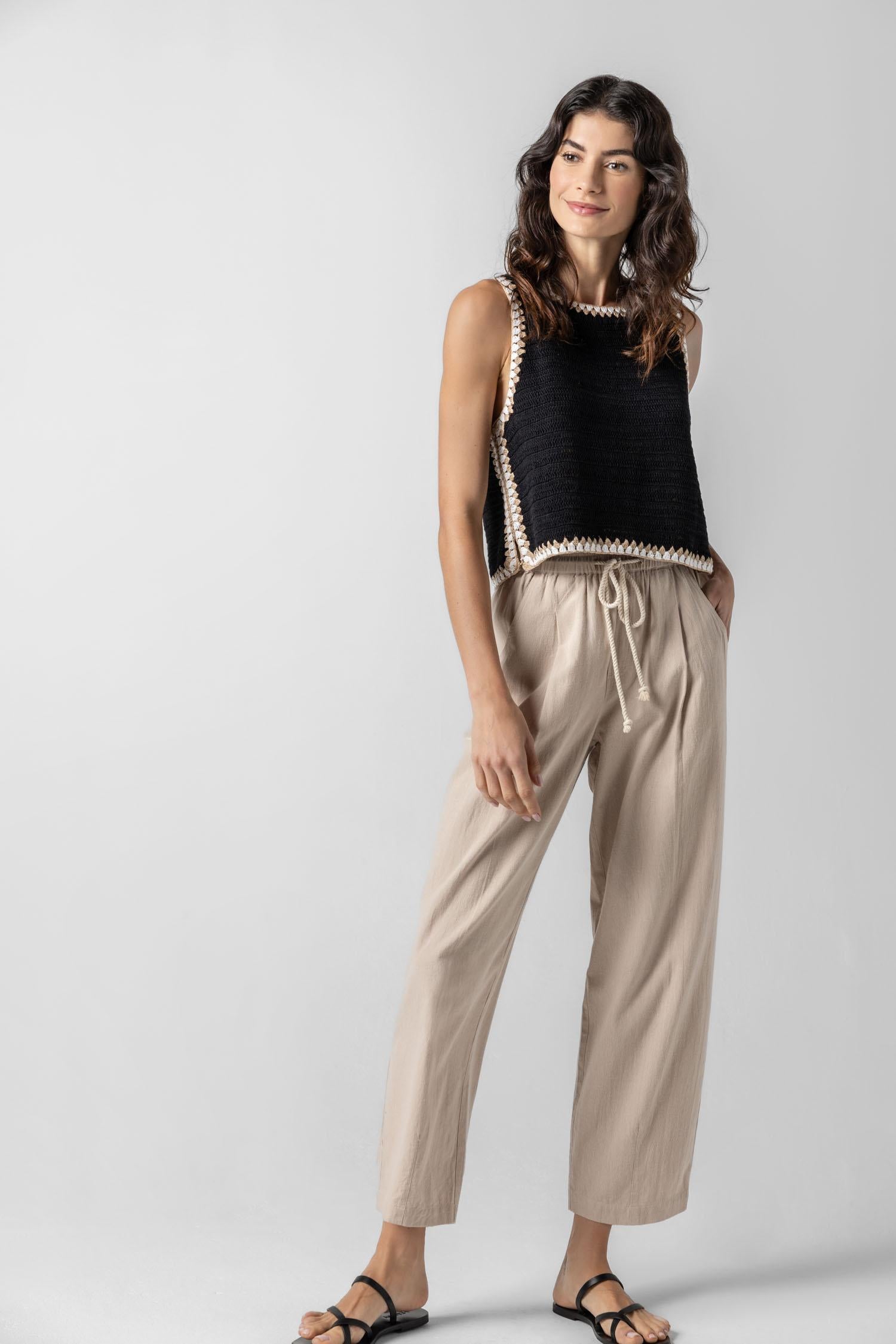 <p>Our multicolor Crochet Tank is a truly special piece, hand-crocheted by artisans in India. With its slightly shorter length, it pairs perfectly with our Air Textured Cotton bottoms, creating a balanced and effortless summer look. Thoughtfully crafted and full of detail, this tank adds a unique touch to your warm-weather wardrobe.</p> Womens Top Black A4