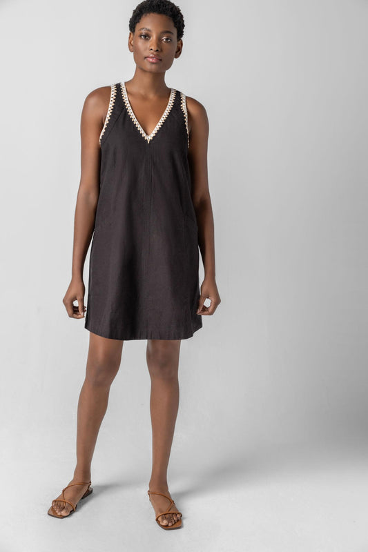 Crochet Trim V-Neck Dress Womens Dress Black A2