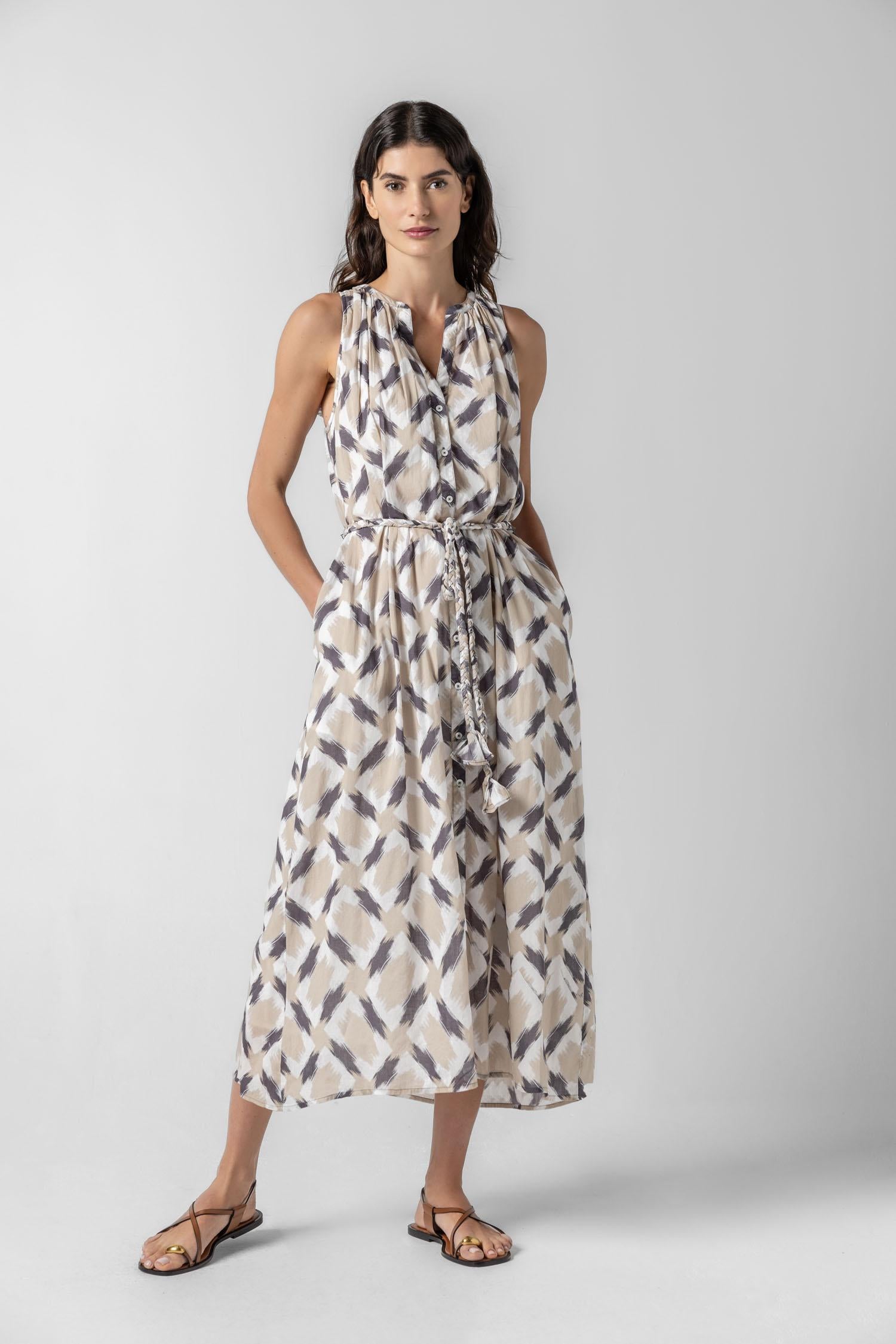 Split Neck Belted Maxi Dress in color Neutral Ikat Print Image A1